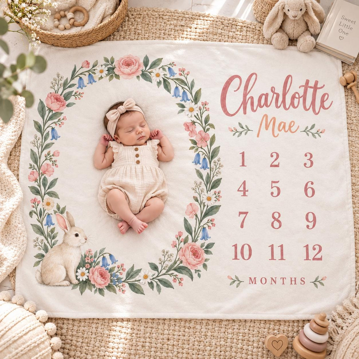 Personalized Bunny Milestone Blanket, Floral Baby Girl Blanket, Custom Name Monthly Milestone Blanket, Baby Shower Gift, Baby