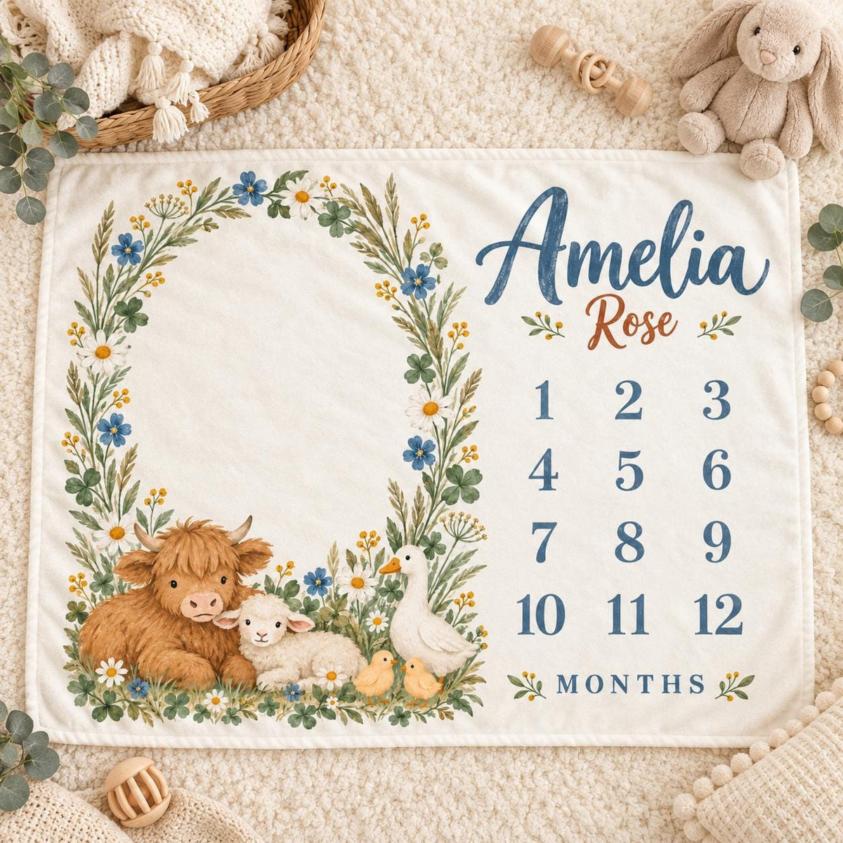 Personalized Farm Milestone Blanket, Highland Cow Baby Blanket, Custom Baby Name Monthly Milestone Blanket, Baby Shower Gift,