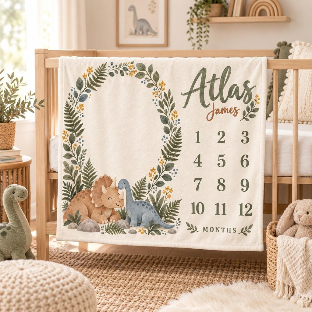 Personalized Dinosaur Milestone Blanket, Custom Baby Name Blanket, Monthly Milestone Blanket, Dino Nursery Decor, Baby Christ