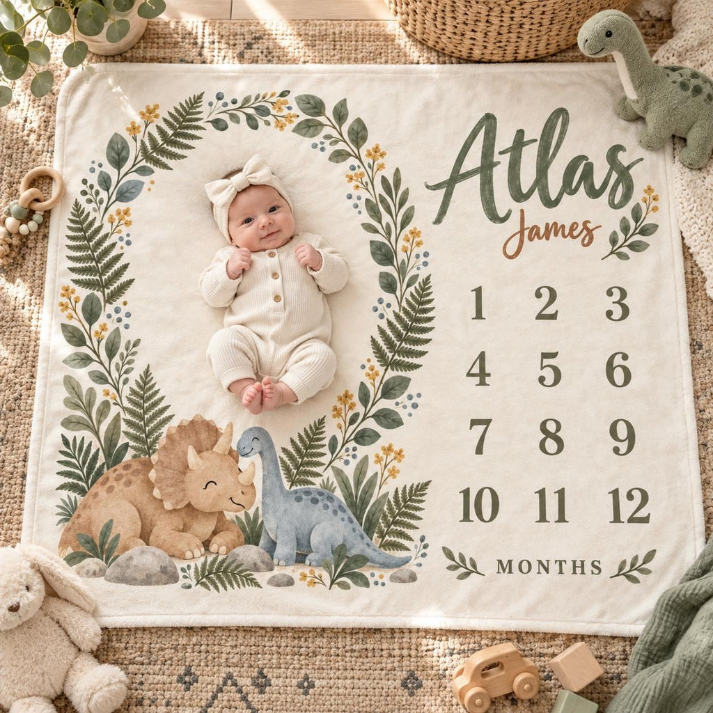 Personalized Dinosaur Milestone Blanket, Custom Baby Name Blanket, Monthly Milestone Blanket, Dino Nursery Decor, Baby Christ