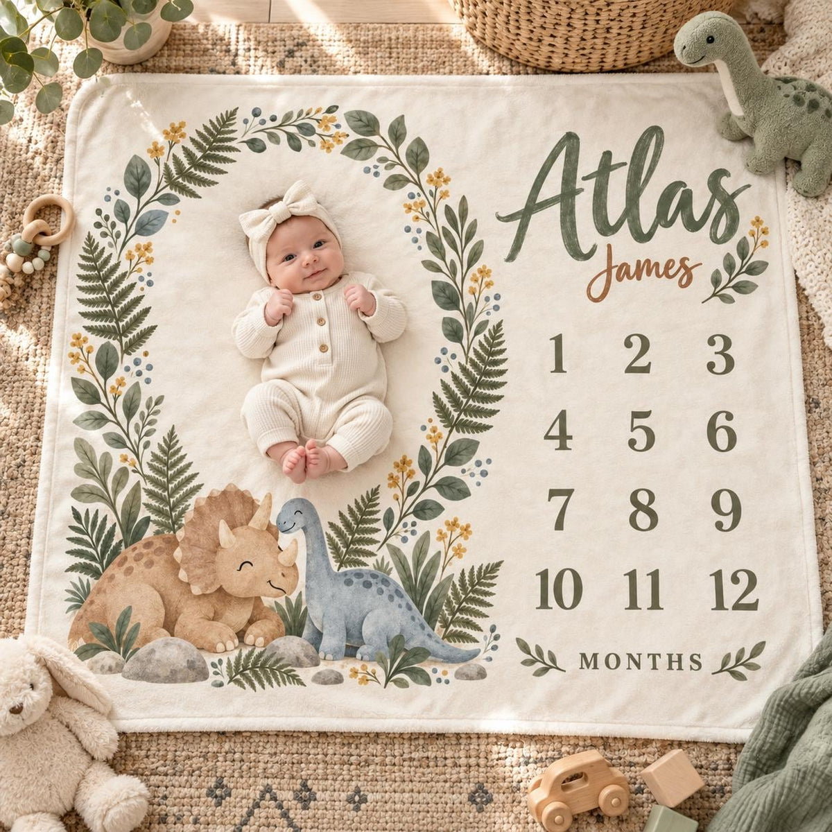 Personalized Dinosaur Milestone Blanket, Custom Baby Name Blanket, Monthly Milestone Blanket, Dino Nursery Decor, Baby Christ
