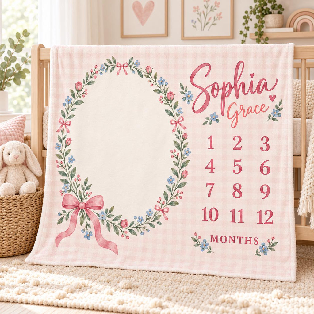 Personalized Baby Girl Milestone Blanket, Pink Bow Floral Monthly Blanket, Custom Name Baby Blanket, Baby Shower Gift, Baby C