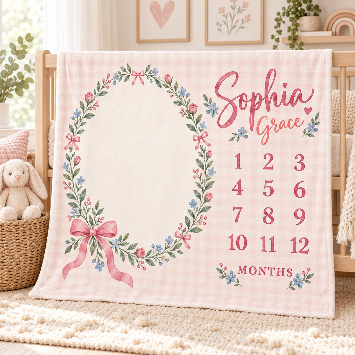 Personalized Baby Girl Milestone Blanket, Pink Bow Floral Monthly Blanket, Custom Name Baby Blanket, Baby Shower Gift, Baby C