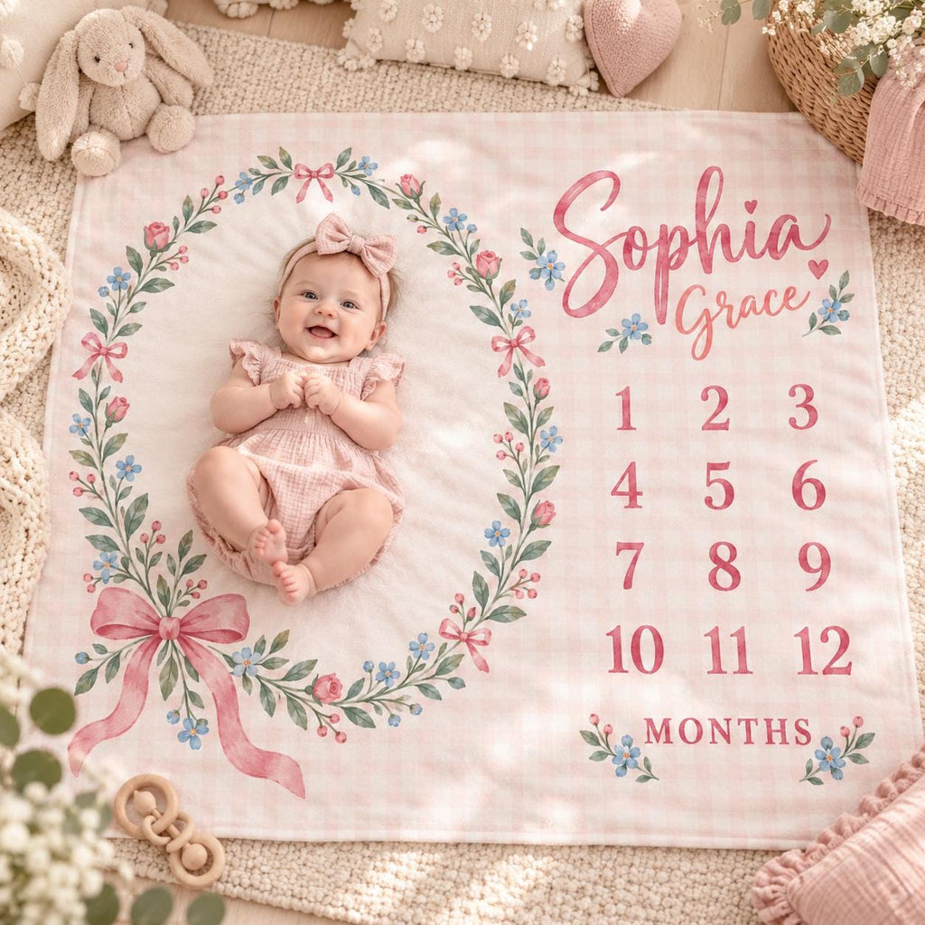 Personalized Baby Girl Milestone Blanket, Pink Bow Floral Monthly Blanket, Custom Name Baby Blanket, Baby Shower Gift, Baby C