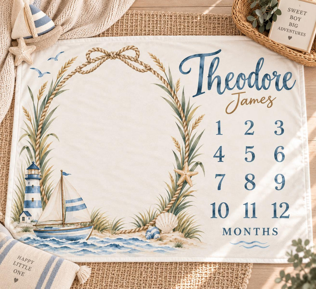 Personalized Nautical Baby Milestone Blanket, Coastal Baby Boy Blanket, Sailboat Monthly Milestone, Custom Name Blanket, Baby