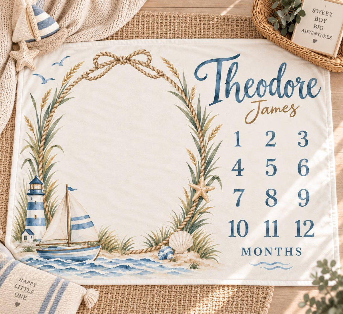 Personalized Nautical Baby Milestone Blanket, Coastal Baby Boy Blanket, Sailboat Monthly Milestone, Custom Name Blanket, Baby