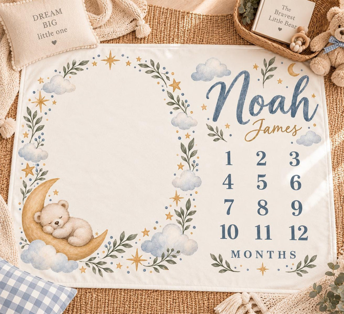 Personalized Baby Boy Milestone Blanket, Moon and Stars Monthly Blanket, Teddy Bear Baby Blanket, Custom Name Newborn Gift, B