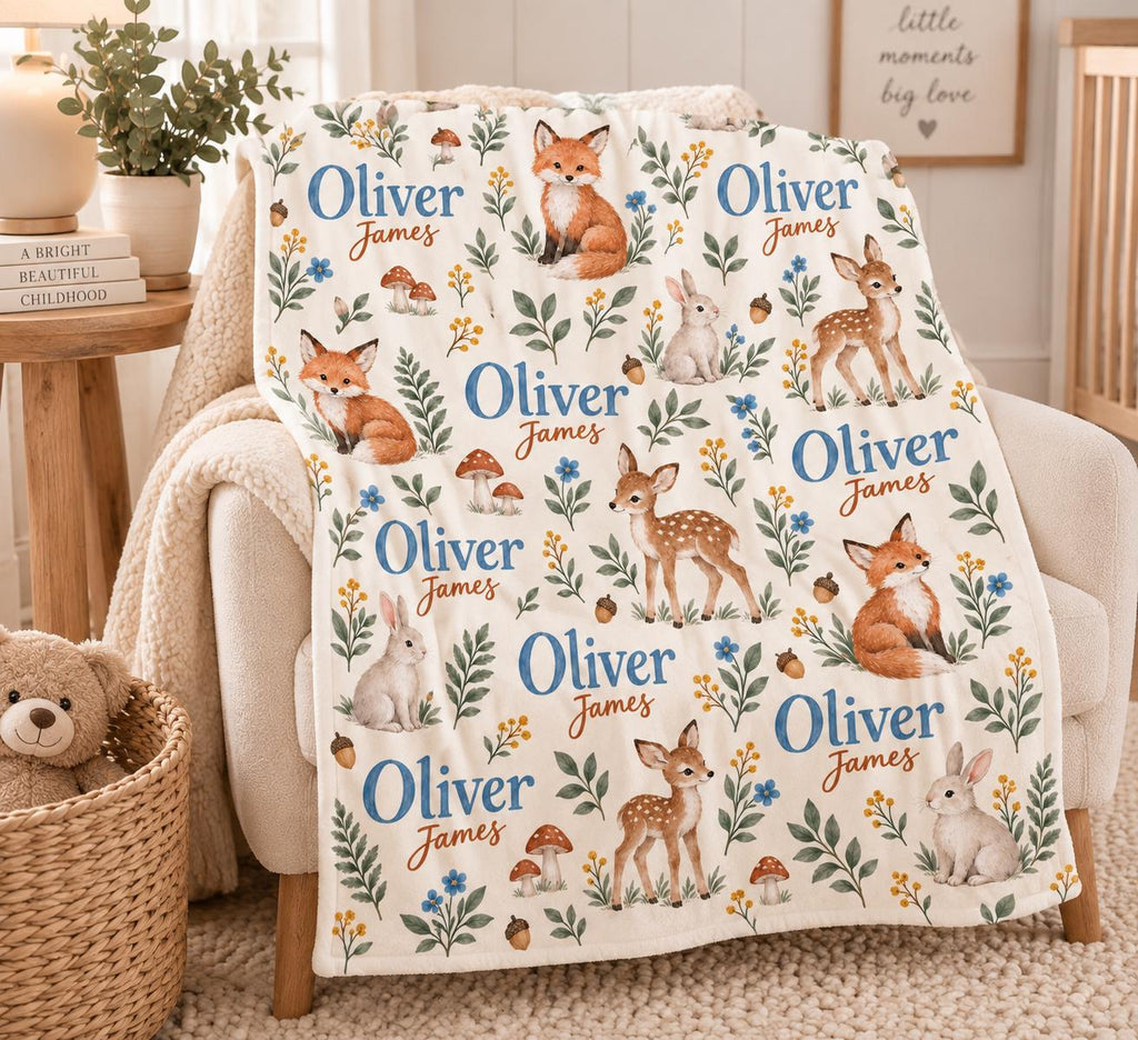 Personalized Woodland Baby Blanket, Custom Name Baby Boy Blanket, Fox Deer Bunny Nursery Blanket, Newborn Gift, Baby Christma