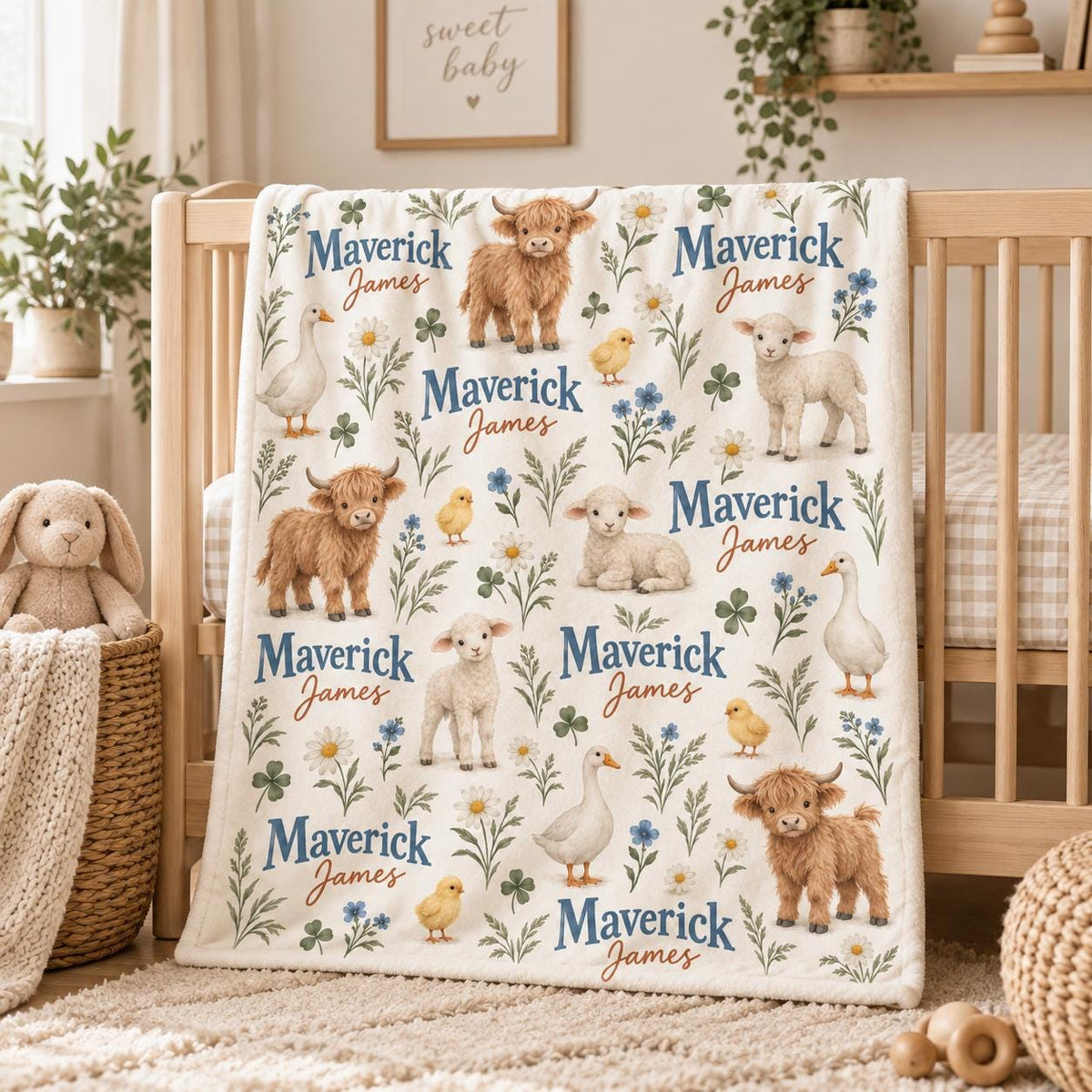 Personalized Farm Baby Blanket, Highland Cow Baby Blanket, Custom Name Farm Animals Blanket, Baby Boy Nursery Gift, Baby Chri