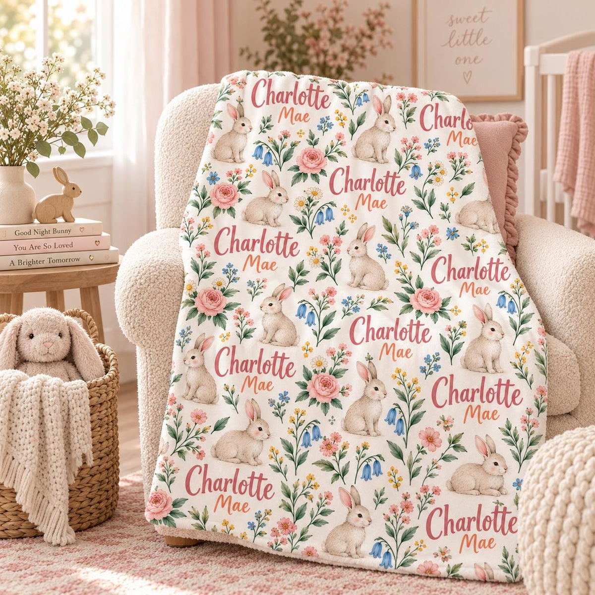 Personalized Bunny Baby Blanket, Floral Baby Girl Blanket, Custom Name Rabbit Blanket, Newborn Baby Shower Gift, Baby Christm