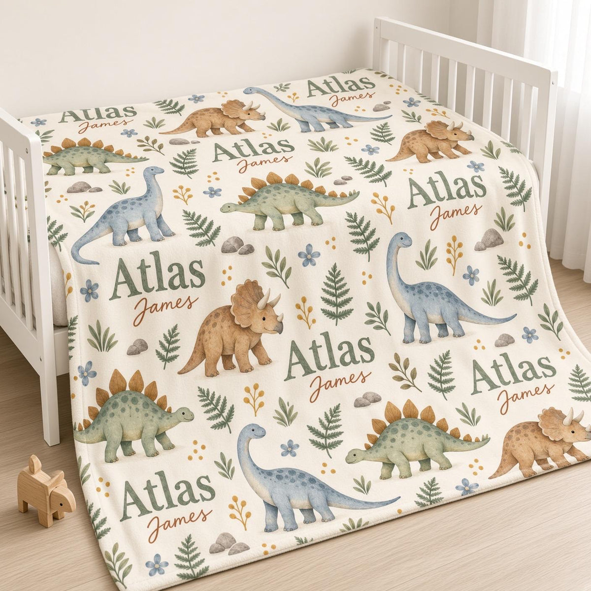 Personalized Dinosaur Baby Blanket, Custom Name Baby Boy Blanket, Watercolor Dino Nursery Decor, Baby Shower Gift, Baby Chris