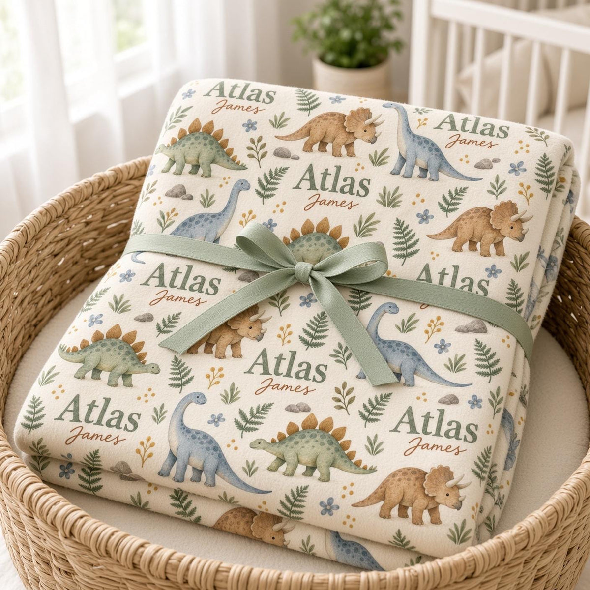 Personalized Dinosaur Baby Blanket, Custom Name Baby Boy Blanket, Watercolor Dino Nursery Decor, Baby Shower Gift, Baby Chris