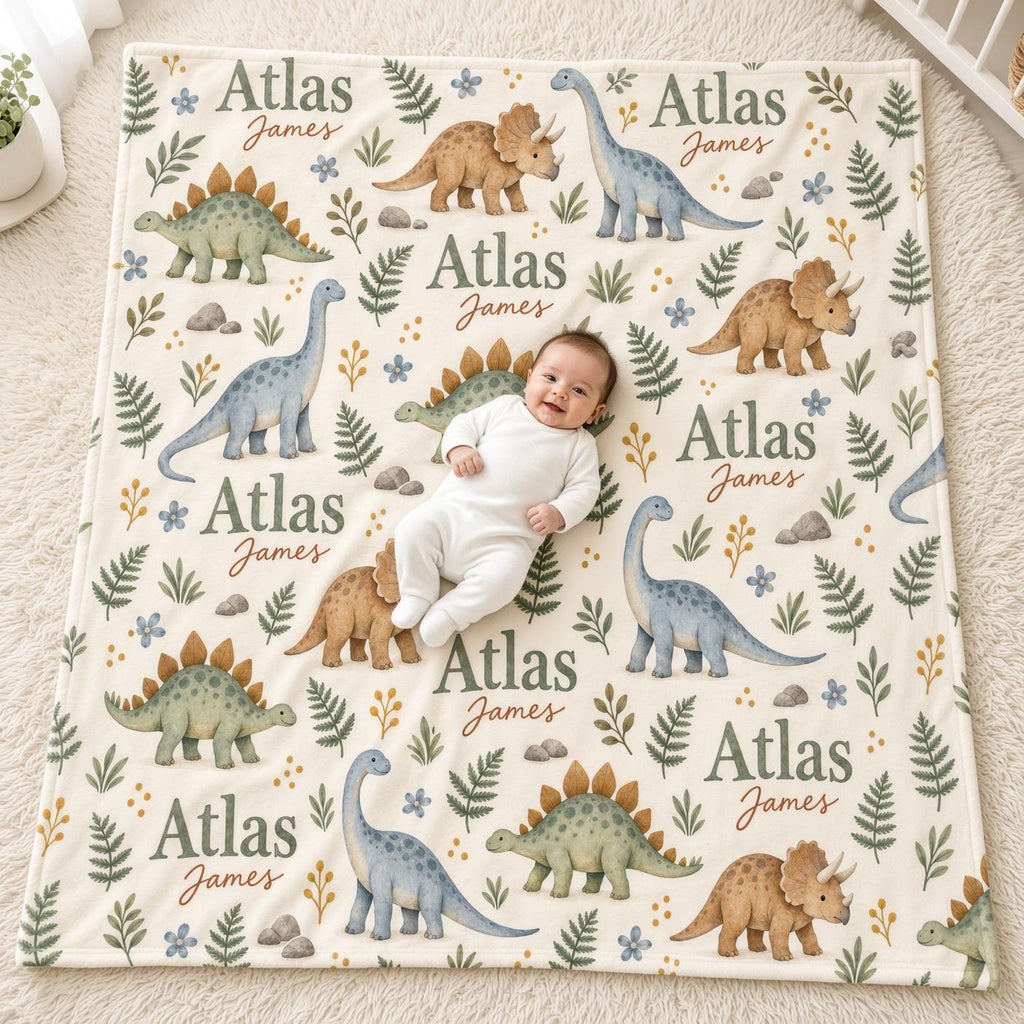 Personalized Dinosaur Baby Blanket, Custom Name Baby Boy Blanket, Watercolor Dino Nursery Decor, Baby Shower Gift, Baby Chris