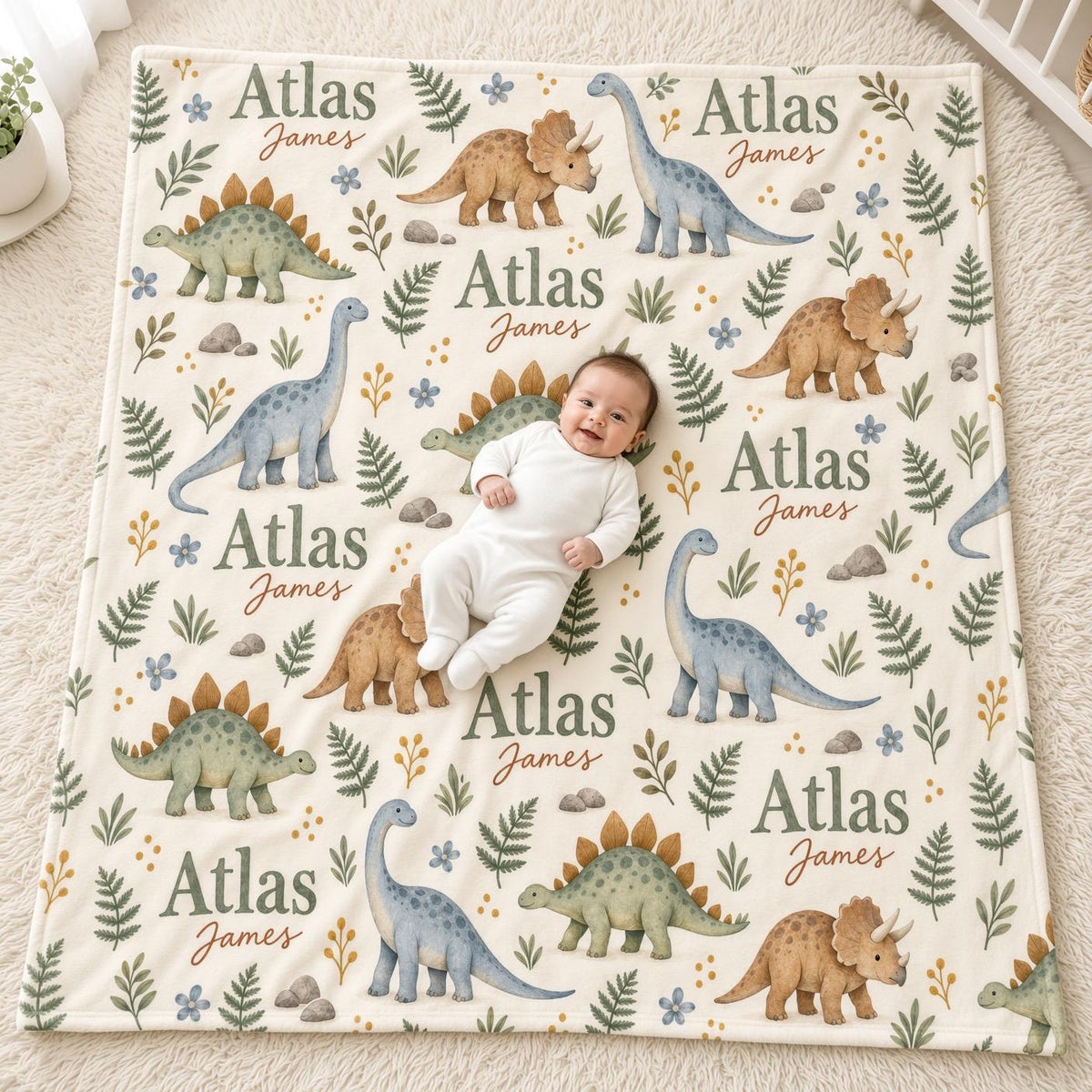 Personalized Dinosaur Baby Blanket, Custom Name Baby Boy Blanket, Watercolor Dino Nursery Decor, Baby Shower Gift, Baby Chris