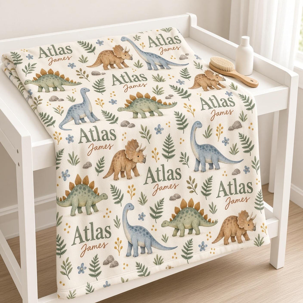 Personalized Dinosaur Baby Blanket, Custom Name Baby Boy Blanket, Watercolor Dino Nursery Decor, Baby Shower Gift, Baby Chris