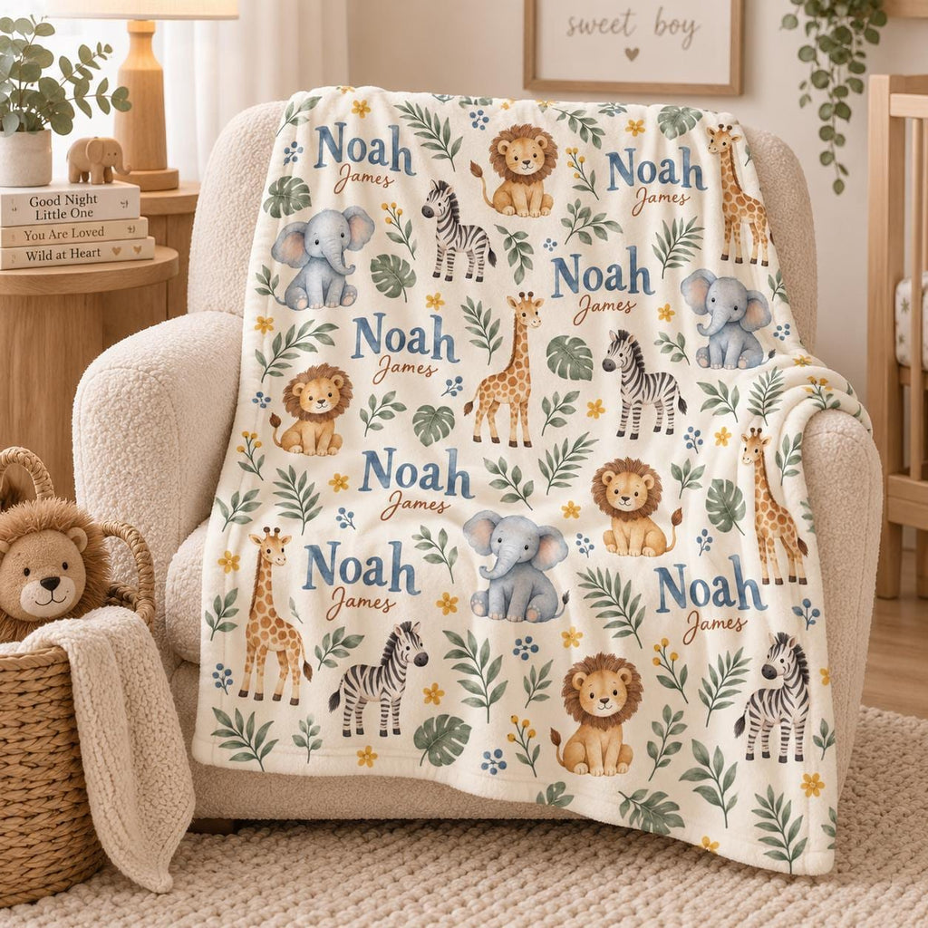 Personalized Safari Baby Blanket, Custom Name Baby Boy Blanket, Jungle Animal Nursery, Lion Elephant Giraffe Gift, Baby Chris