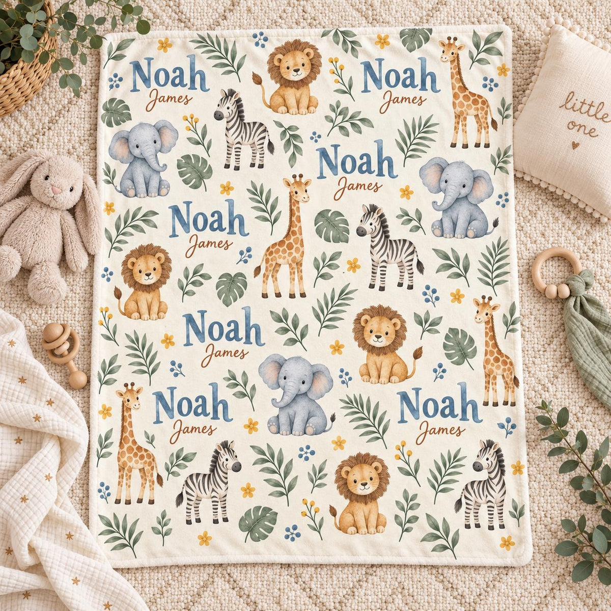 Personalized Safari Baby Blanket, Custom Name Baby Boy Blanket, Jungle Animal Nursery, Lion Elephant Giraffe Gift, Baby Chris