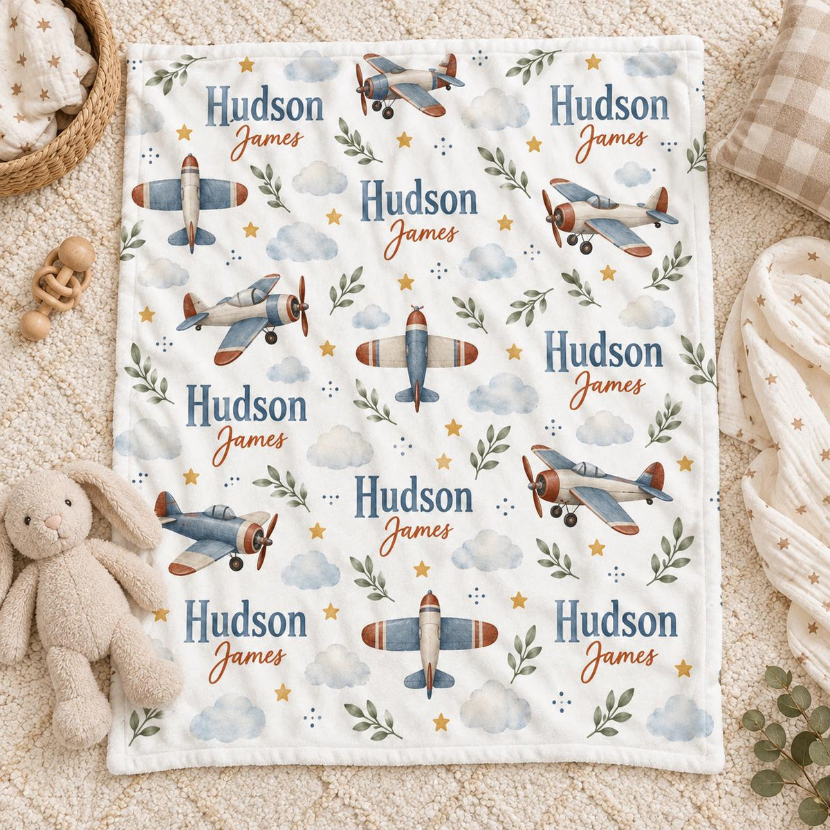 Personalized Airplane Baby Blanket, Custom Name Baby Boy Blanket, Vintage Plane Nursery Decor, Aviator Baby Gift, Baby Christ