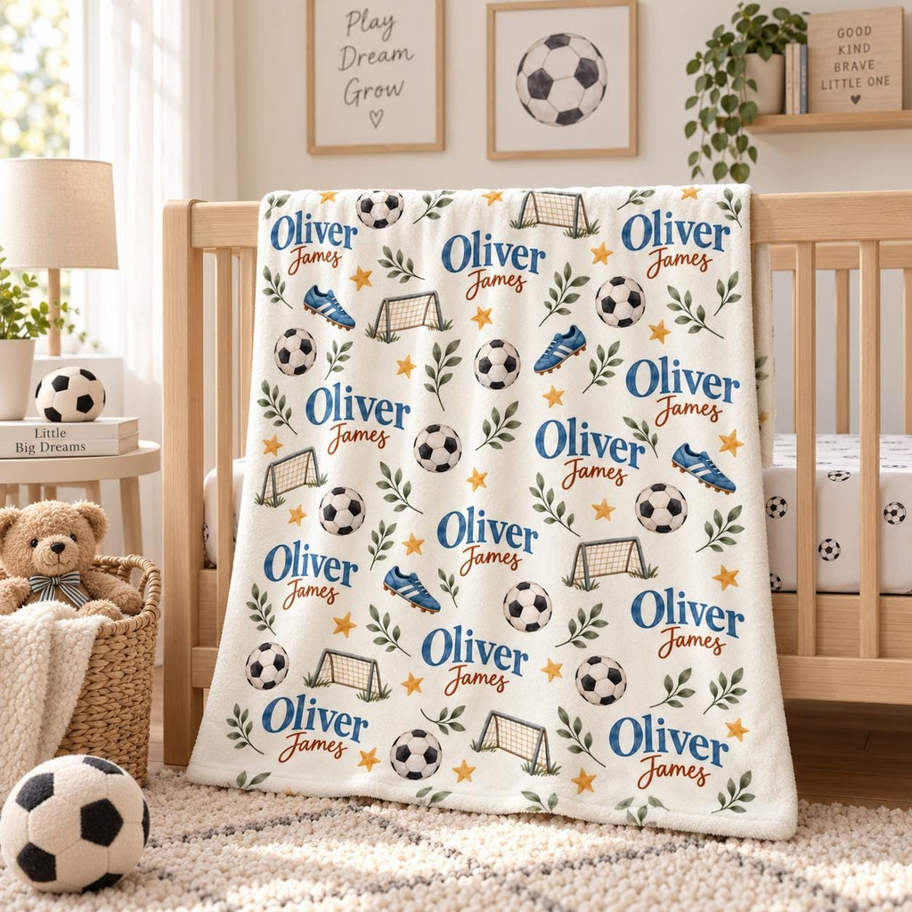 Personalized Soccer Baby Blanket, Custom Name Baby Boy Blanket, Soccer Nursery Decor, Football Baby Gift, Baby Shower Gift, B