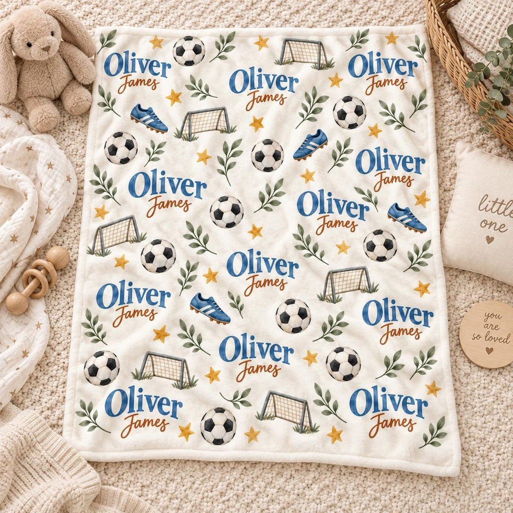 Personalized Soccer Baby Blanket, Custom Name Baby Boy Blanket, Soccer Nursery Decor, Football Baby Gift, Baby Shower Gift, B