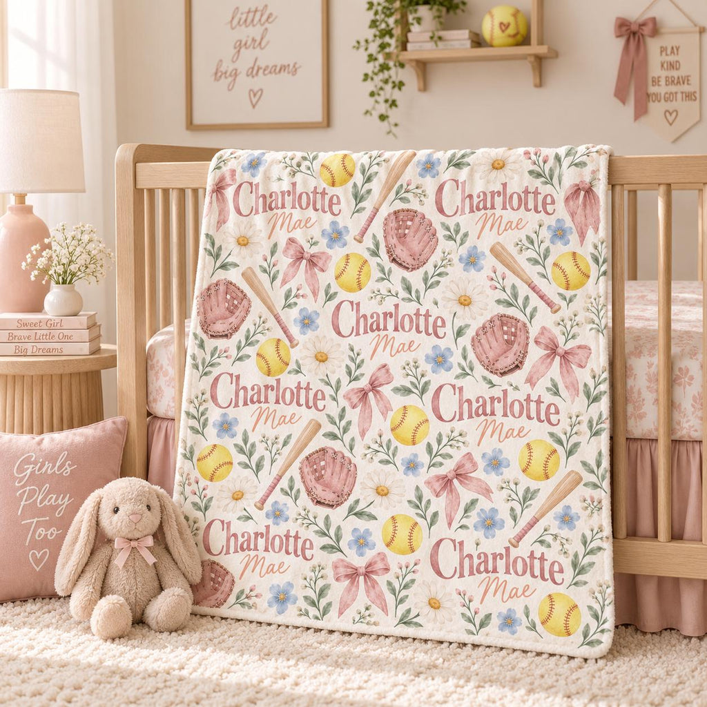 Personalized Softball Baby Blanket, Custom Name Baby Girl Blanket, Girls Softball Nursery Decor, Floral Sports Baby Gift, Bab