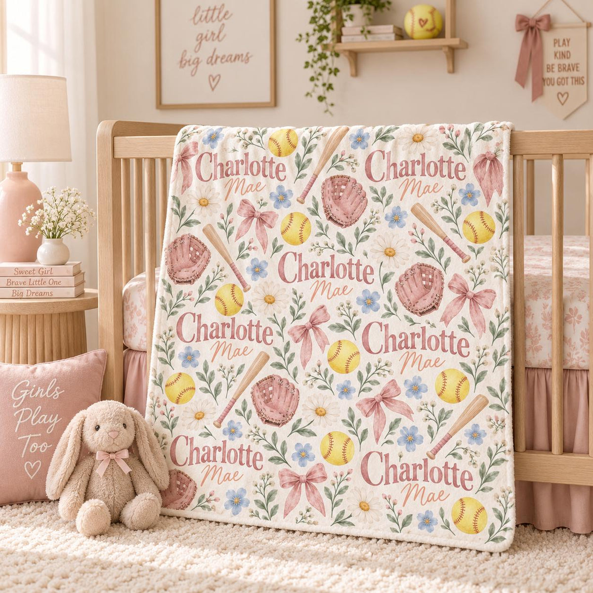 Personalized Softball Baby Blanket, Custom Name Baby Girl Blanket, Girls Softball Nursery Decor, Floral Sports Baby Gift, Bab