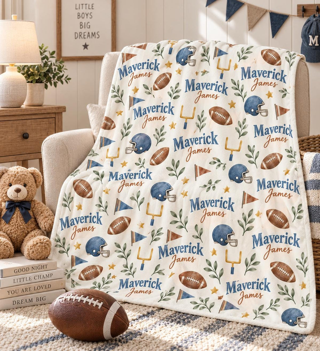 Personalized Football Baby Blanket, Custom Name Football Blanket, Baby Boy Sports Blanket, Football Nursery Decor, Baby Chris