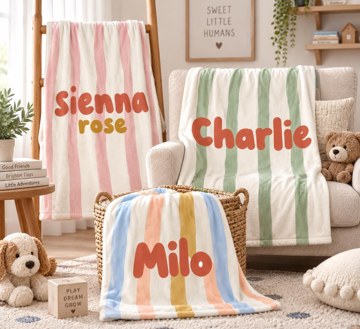 Personalized Baby Blanket, Custom Name Striped Blanket, Retro Baby Blanket, Baby Girl Boy Nursery Decor, Baby Christmas Gift