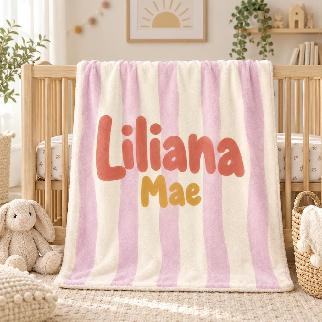 Personalized Baby Blanket, Custom Name Striped Blanket, Retro Baby Blanket, Baby Girl Boy Nursery Decor, Baby Christmas Gift