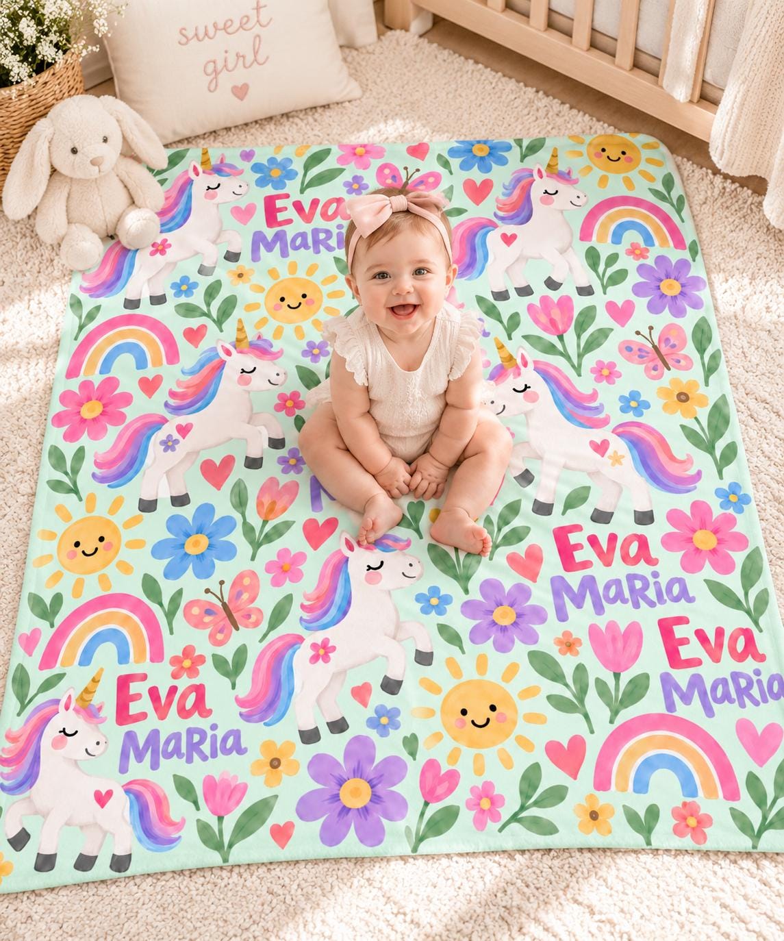Personalized Unicorn Baby Blanket, Custom Name Rainbow Blanket, Colorful Baby Girl Blanket, Unicorn Nursery Decor, Baby Chris